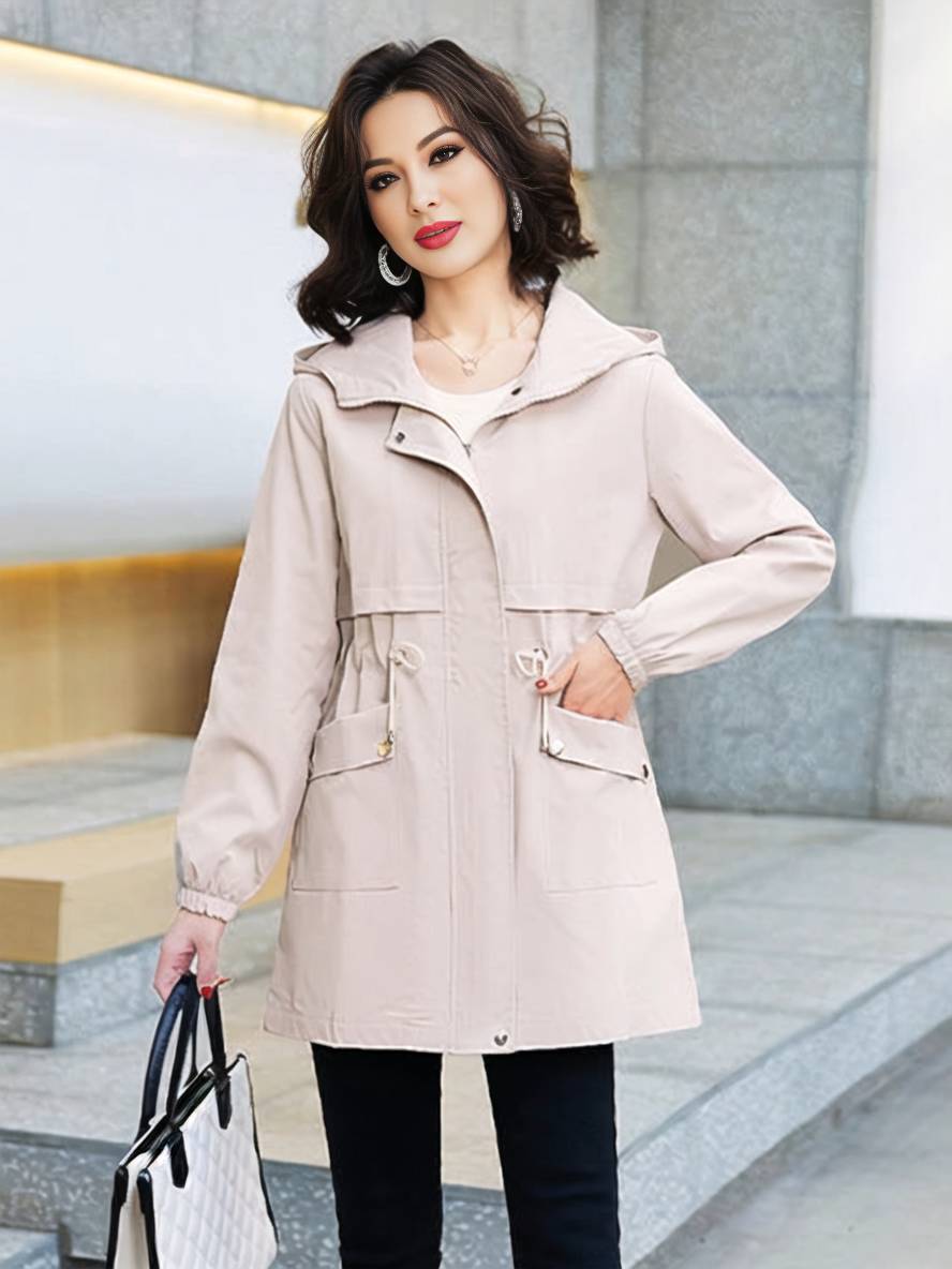 Levoire | Manteau Mi-Long Unicolore Avec Capuche Fermeture Éclair Fermeture À Boutons Poches Femme Mode Décontractée Parkas