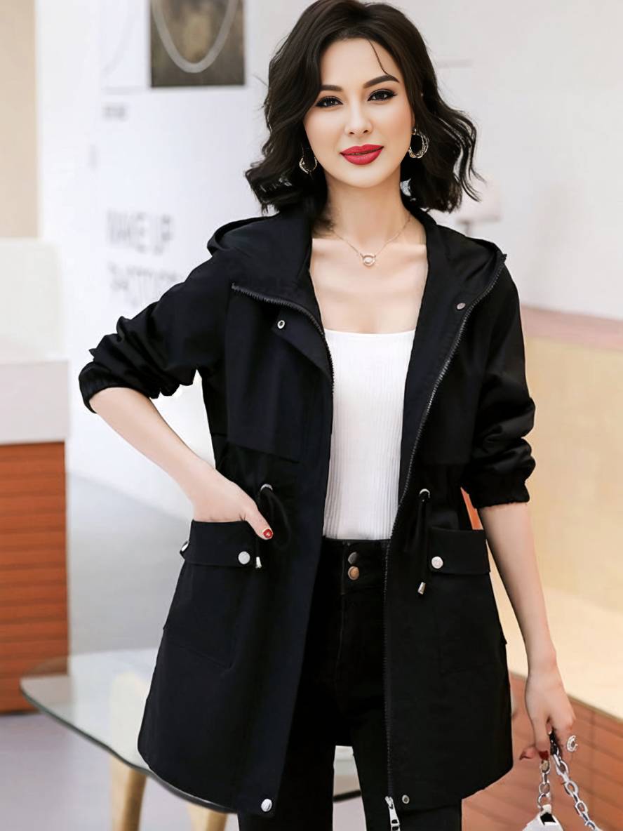 Levoire | Manteau Mi-Long Unicolore Avec Capuche Fermeture Éclair Fermeture À Boutons Poches Femme Mode Décontractée Parkas Noir