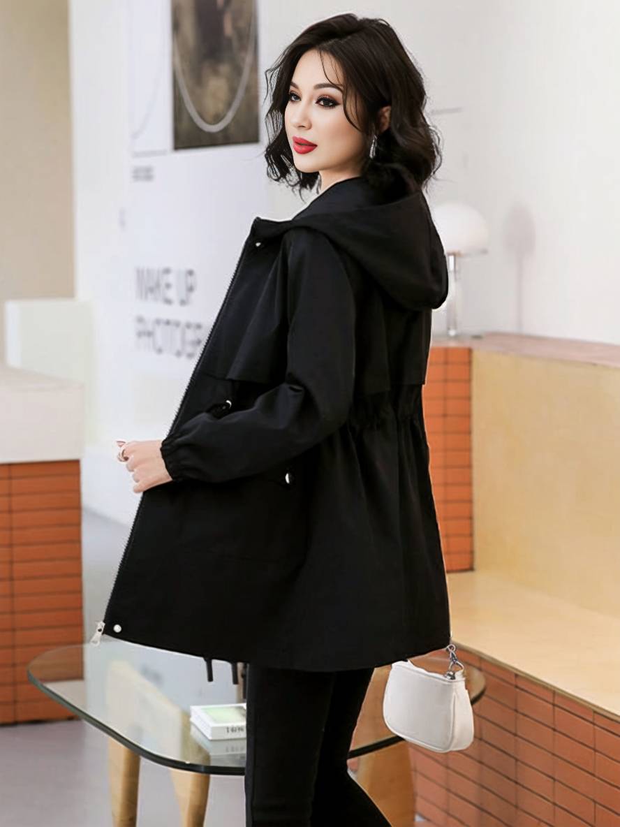 Levoire | Manteau Mi-Long Unicolore Avec Capuche Fermeture Éclair Fermeture À Boutons Poches Femme Mode Décontractée Parkas