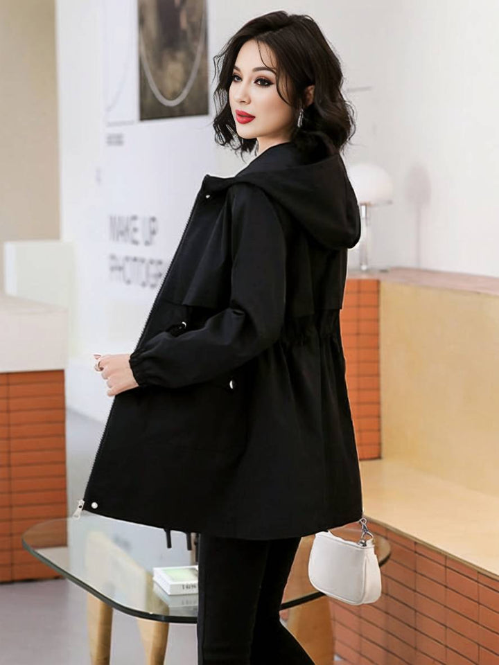Levoire | Manteau Mi-Long Unicolore Avec Capuche Fermeture Éclair Fermeture À Boutons Poches Femme Mode Décontractée Parkas