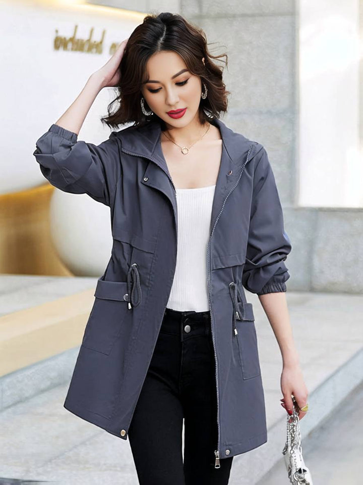 Levoire | Manteau Mi-Long Unicolore Avec Capuche Fermeture Éclair Fermeture À Boutons Poches Femme Mode Décontractée Parkas Gris