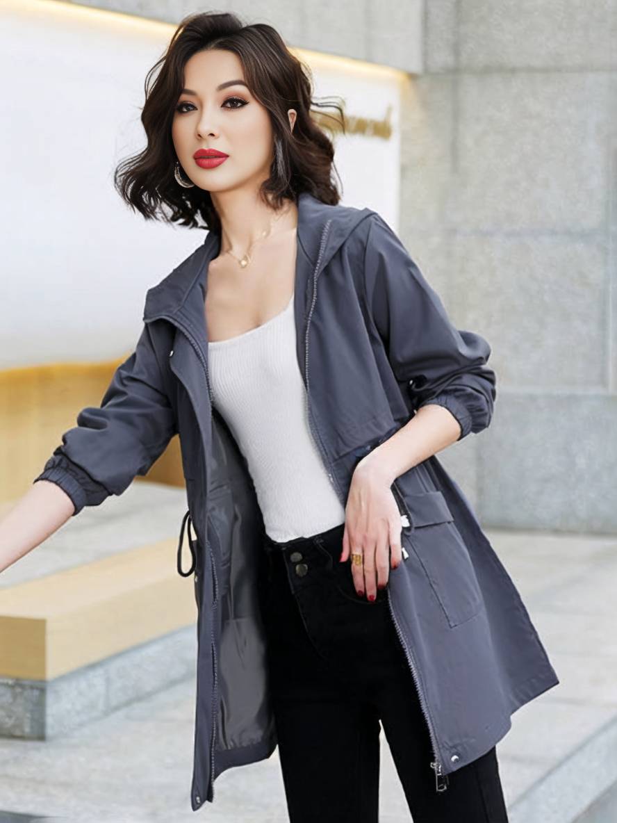 Levoire | Manteau Mi-Long Unicolore Avec Capuche Fermeture Éclair Fermeture À Boutons Poches Femme Mode Décontractée Parkas