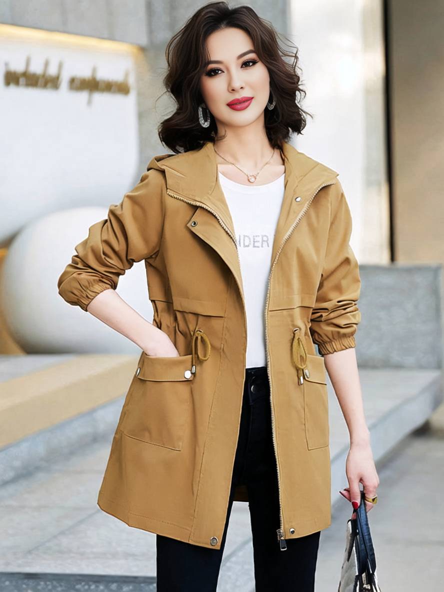 Levoire | Manteau Mi-Long Unicolore Avec Capuche Fermeture Éclair Fermeture À Boutons Poches Femme Mode Décontractée Parkas Khaki