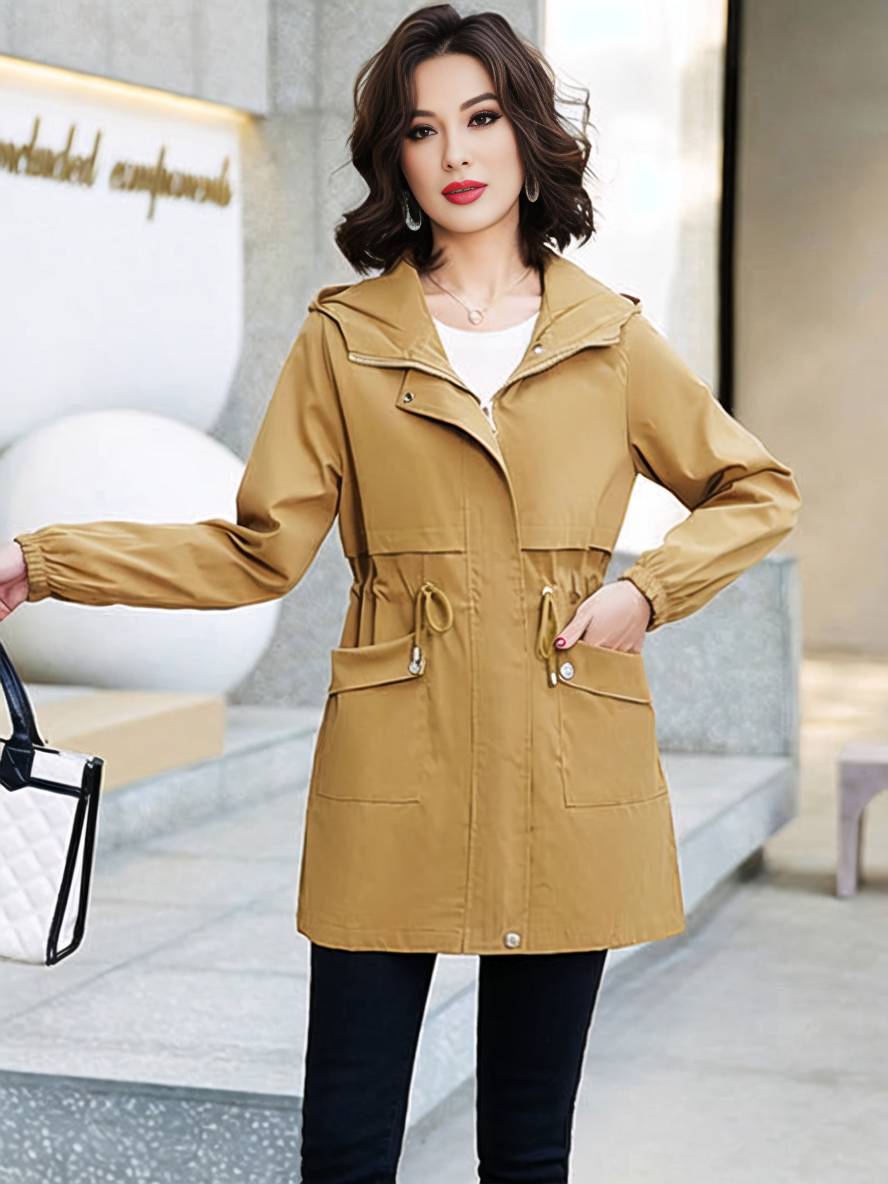 Levoire | Manteau Mi-Long Unicolore Avec Capuche Fermeture Éclair Fermeture À Boutons Poches Femme Mode Décontractée Parkas