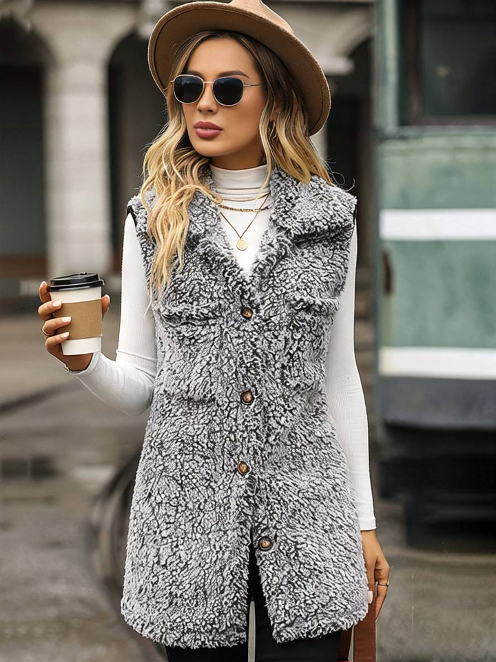 Levoire | Midi-Long Manteau En Polaire Uni Avec Poches À Bouton, Col Revers Sans Manches Pour Femmes, Gilet Décontracté Noir