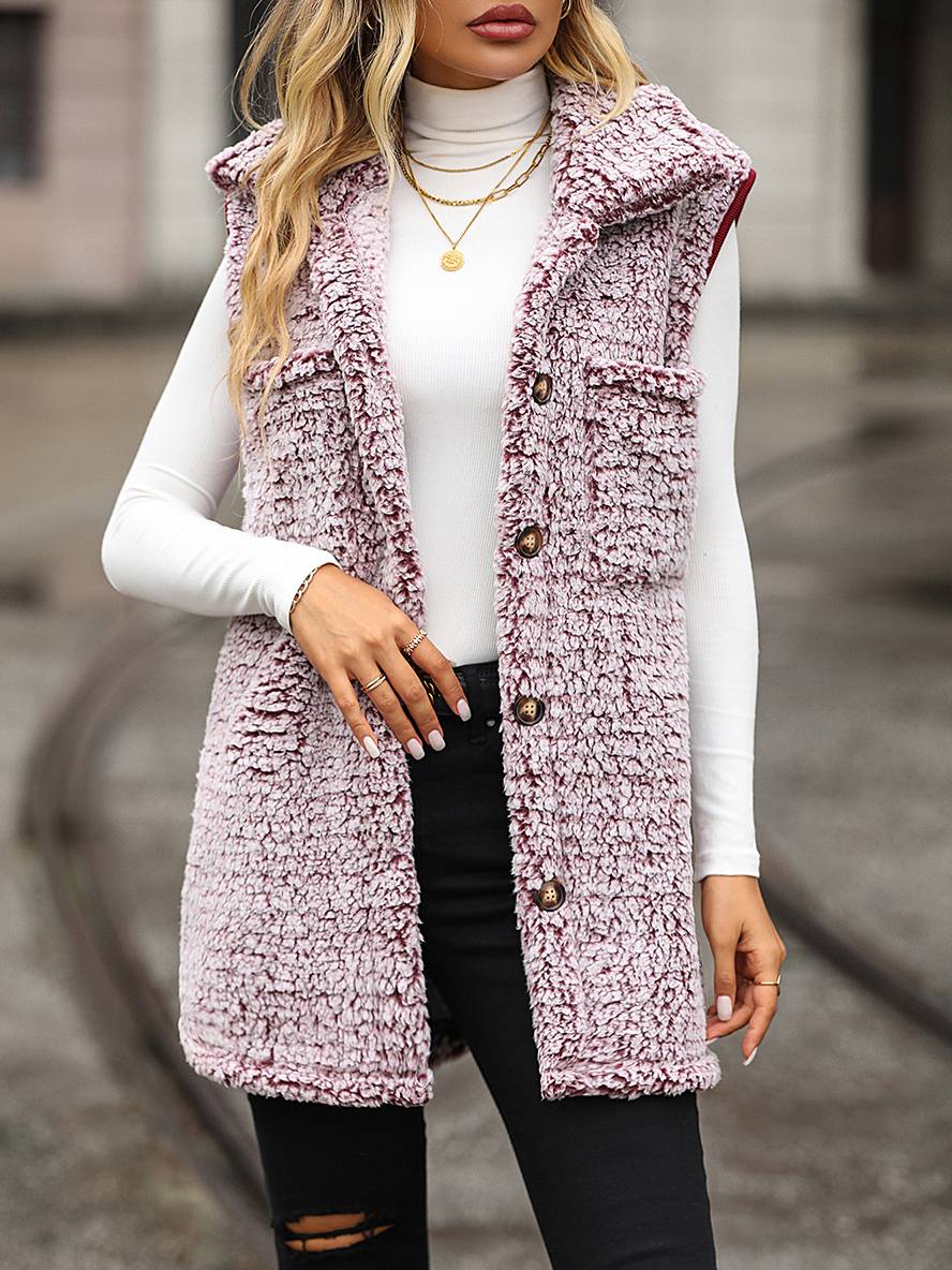 Levoire | Midi-Long Manteau En Polaire Uni Avec Poches À Bouton, Col Revers Sans Manches Pour Femmes, Gilet Décontracté Bordeaux