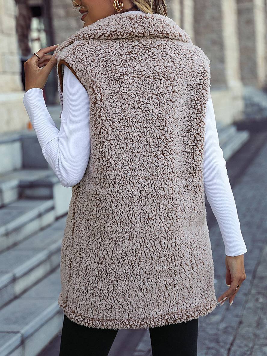 Levoire | Midi-Long Manteau En Polaire Uni Avec Poches À Bouton, Col Revers Sans Manches Pour Femmes, Gilet Décontracté
