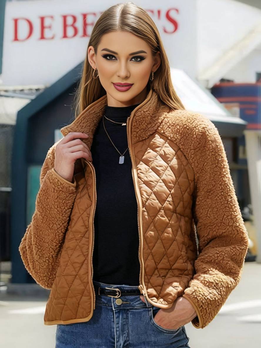 Levoire | Manteau En Polaire Avec Col Montant Manches Raglan Manches Longues Fermeture Éclair Poches Veste Décontractée Pour Femmes Chameau