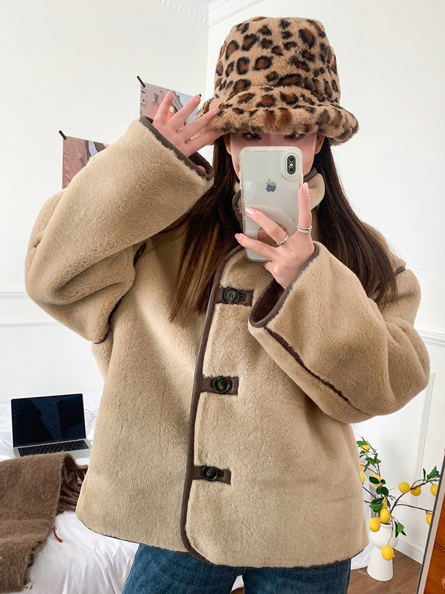 Levoire | Manteau En Polaire Bouton Poches Col Montant Manches Longues Femmes Élégant Décontracté Surdimensionné Hiver Veste