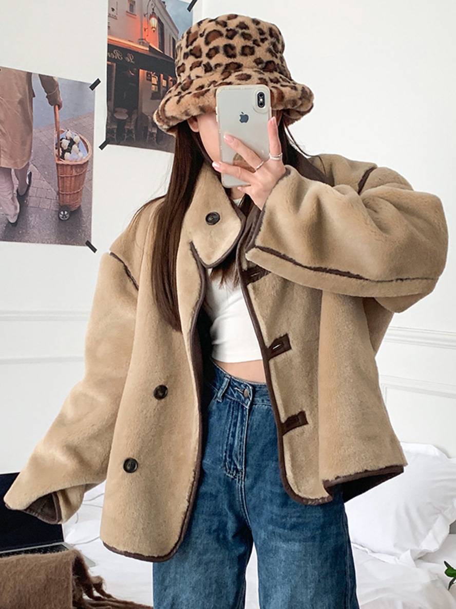 Levoire | Manteau En Polaire Bouton Poches Col Montant Manches Longues Femmes Élégant Décontracté Surdimensionné Hiver Veste Beige