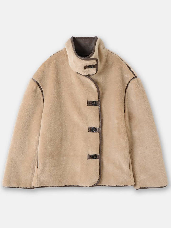 Levoire | Manteau En Polaire Bouton Poches Col Montant Manches Longues Femmes Élégant Décontracté Surdimensionné Hiver Veste