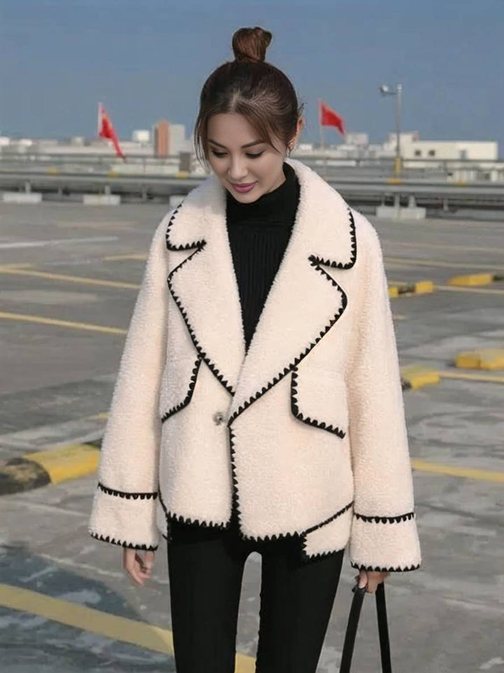 Levoire | Blouson Style Aviateur Fleece Boutons Poches Col Revers Femme Élégant Décontracté Chic Hiver Veste Beige