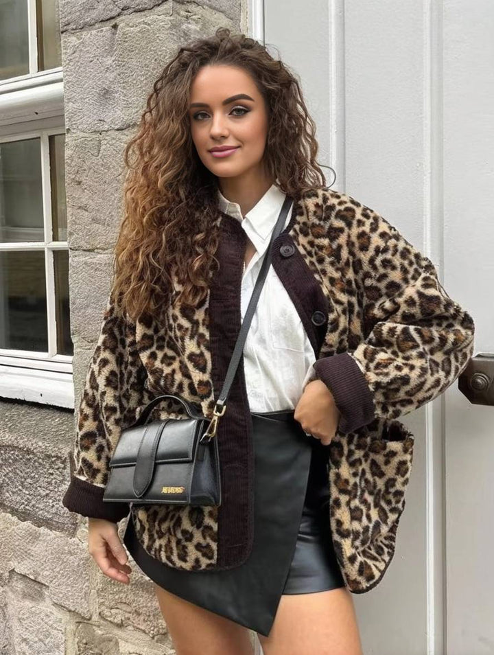 Levoire | Imprimé Léopard Manteau En Fleece Boutons Poches Col Rond Manches Longues Femmes Élégant Décontracté Ample Manteau D'Hiver Braun