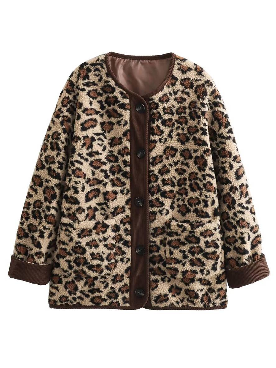 Levoire | Imprimé Léopard Manteau En Fleece Boutons Poches Col Rond Manches Longues Femmes Élégant Décontracté Ample Manteau D'Hiver