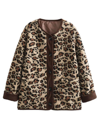 Levoire | Imprimé Léopard Manteau En Fleece Boutons Poches Col Rond Manches Longues Femmes Élégant Décontracté Ample Manteau D'Hiver