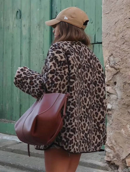 Levoire | Imprimé Léopard Manteau En Fleece Boutons Poches Col Rond Manches Longues Femmes Élégant Décontracté Ample Manteau D'Hiver