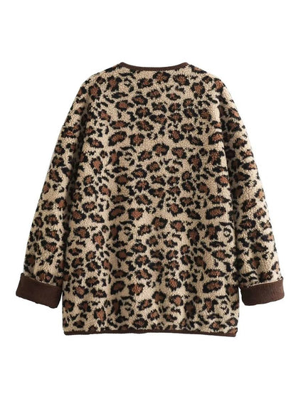 Levoire | Imprimé Léopard Manteau En Fleece Boutons Poches Col Rond Manches Longues Femmes Élégant Décontracté Ample Manteau D'Hiver