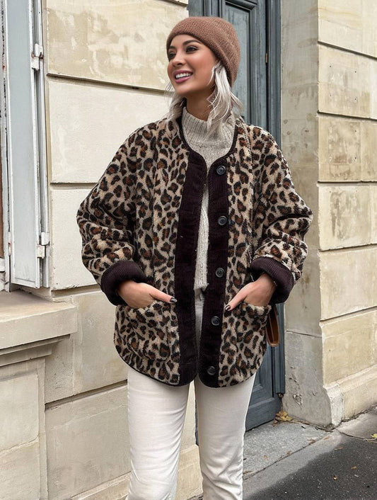 Levoire | Imprimé Léopard Manteau En Fleece Boutons Poches Col Rond Manches Longues Femmes Élégant Décontracté Ample Manteau D'Hiver