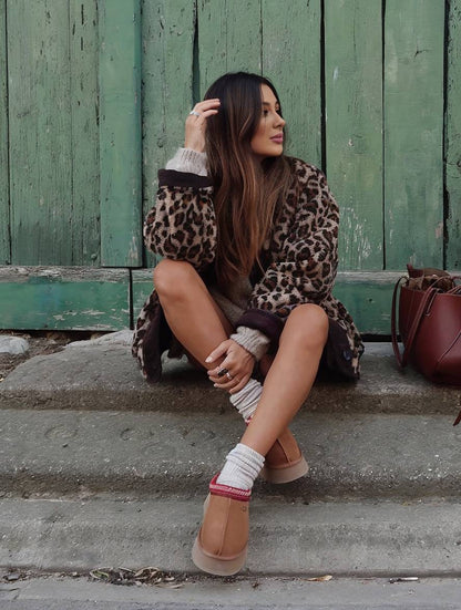 Levoire | Imprimé Léopard Manteau En Fleece Boutons Poches Col Rond Manches Longues Femmes Élégant Décontracté Ample Manteau D'Hiver