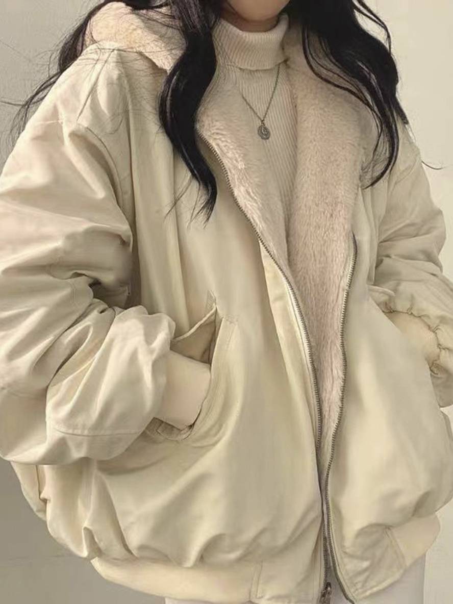 Levoire | Sweat À Capuche D'Hiver Manteau Polaire Fermeture Éclair Poches Épaule Tombante Dames Décontracté Grande Taille Veste Décontractée Abricot