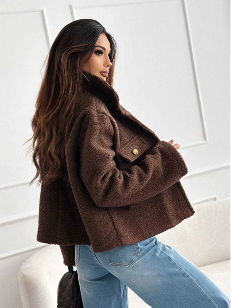Levoire | Manteau Court Avec Poches À Boutons En Polaire Revers Manches Longues Femme Veste Décontractée Vintage