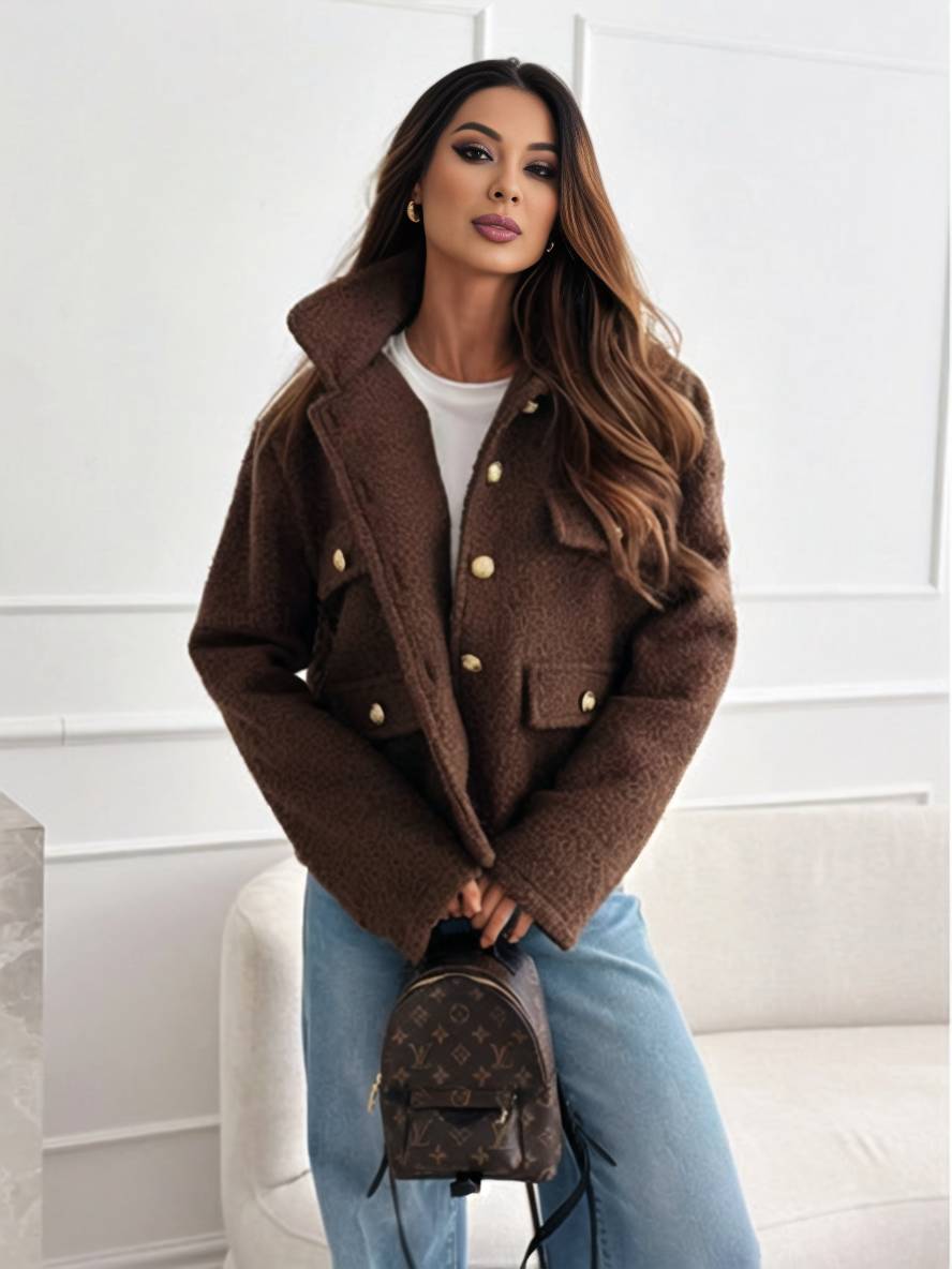 Levoire | Manteau Court Avec Poches À Boutons En Polaire Revers Manches Longues Femme Veste Décontractée Vintage