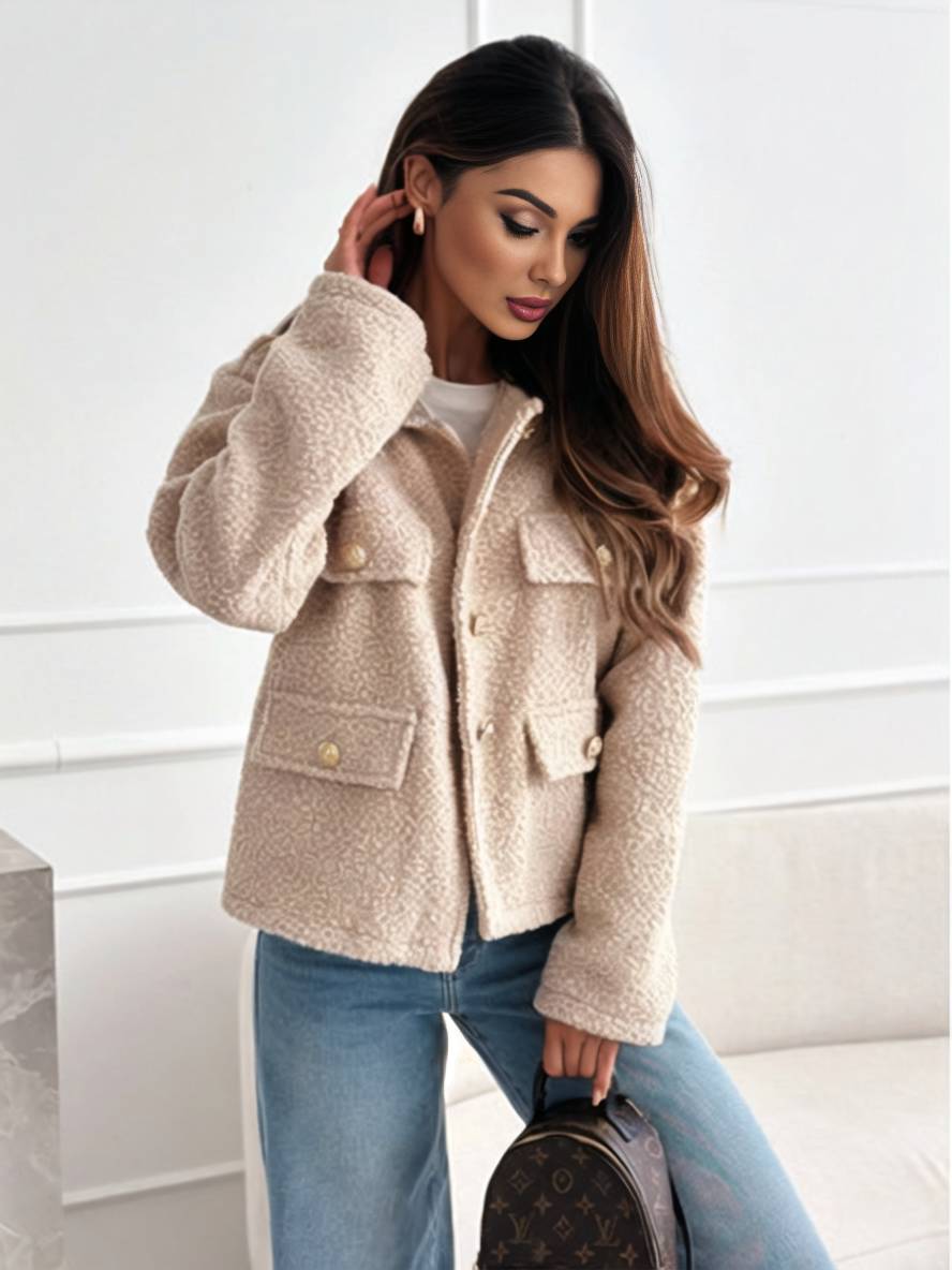 Levoire | Manteau Court Avec Poches À Boutons En Polaire Revers Manches Longues Femme Veste Décontractée Vintage Abricot