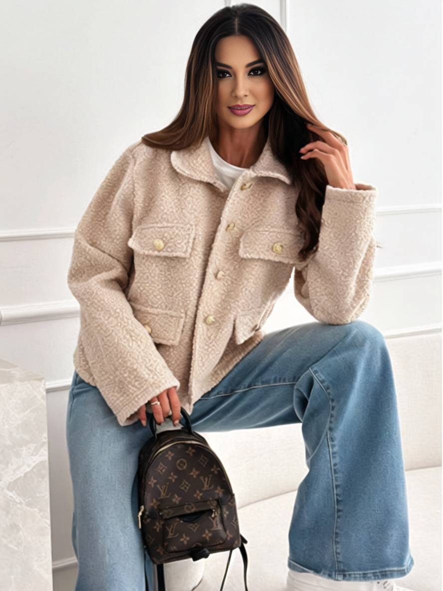 Levoire | Manteau Court Avec Poches À Boutons En Polaire Revers Manches Longues Femme Veste Décontractée Vintage