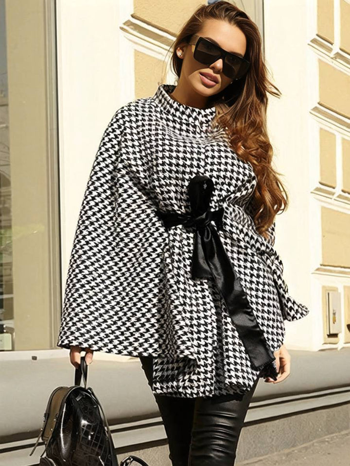 Levoire | Short Poncho Coat Women Houndstooth Pattern Belt Bat Sleeve Elegant Casual Loose Plus Size Jacket Noir UNE TAILLE