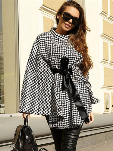 Levoire | Short Poncho Coat Women Houndstooth Pattern Belt Bat Sleeve Elegant Casual Loose Plus Size Jacket