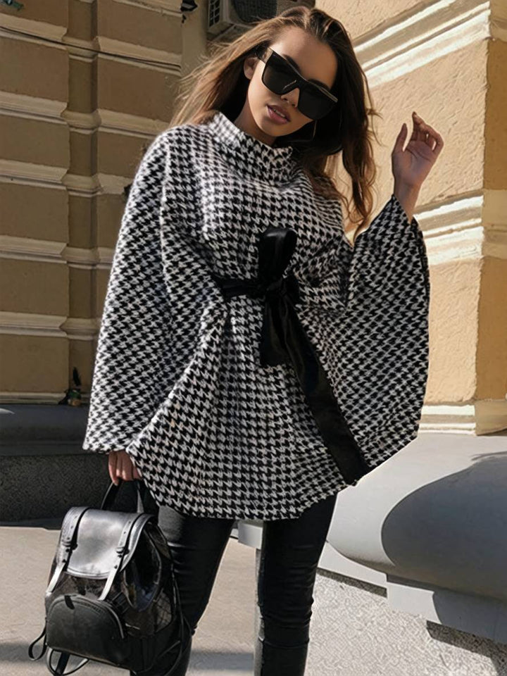 Levoire | Short Poncho Coat Women Houndstooth Pattern Belt Bat Sleeve Elegant Casual Loose Plus Size Jacket