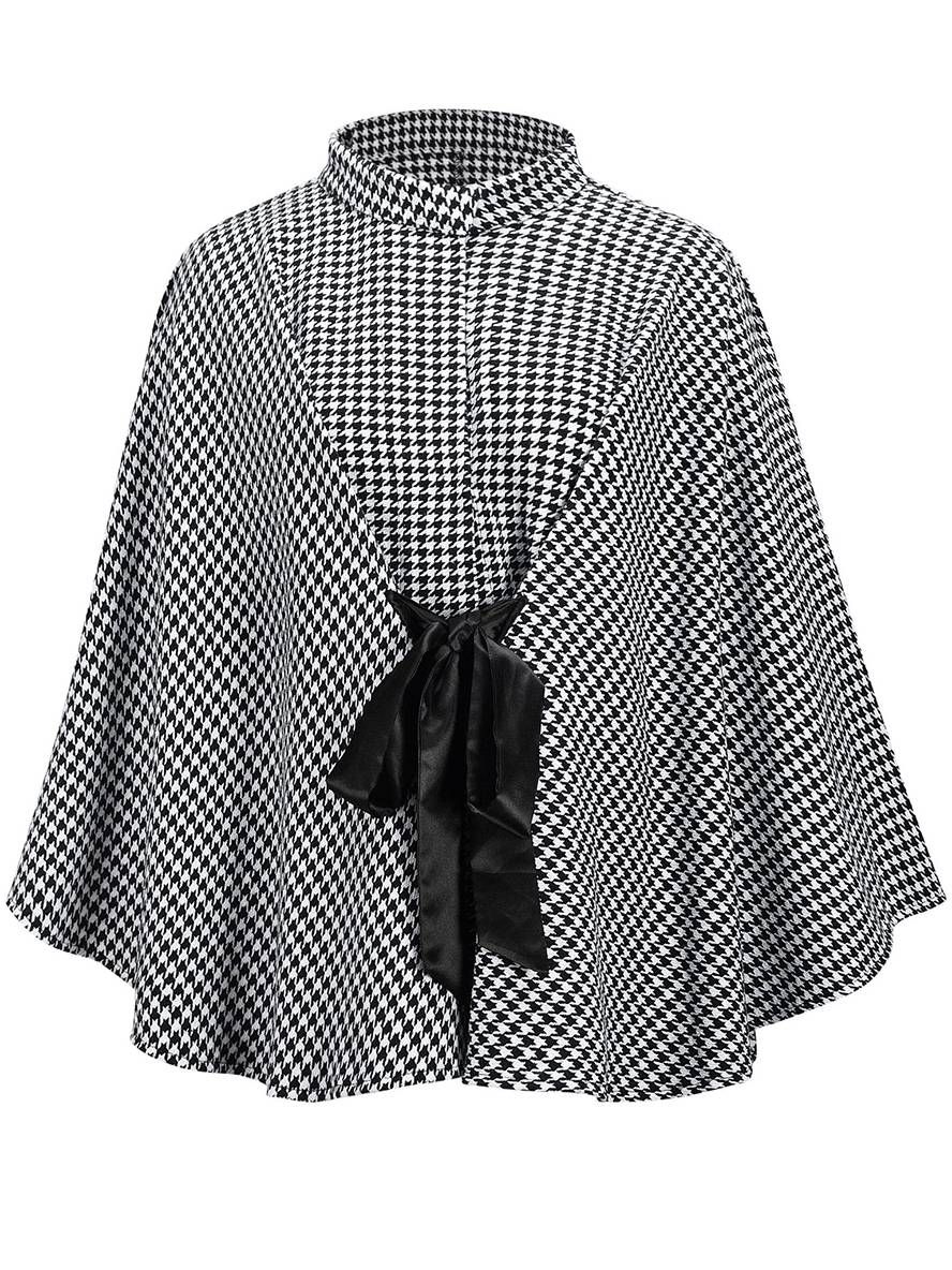 Levoire | Short Poncho Coat Women Houndstooth Pattern Belt Bat Sleeve Elegant Casual Loose Plus Size Jacket