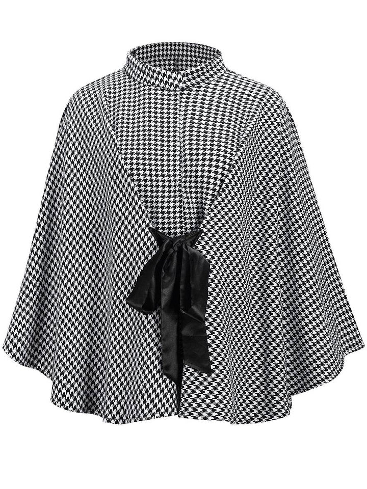Levoire | Short Poncho Coat Women Houndstooth Pattern Belt Bat Sleeve Elegant Casual Loose Plus Size Jacket