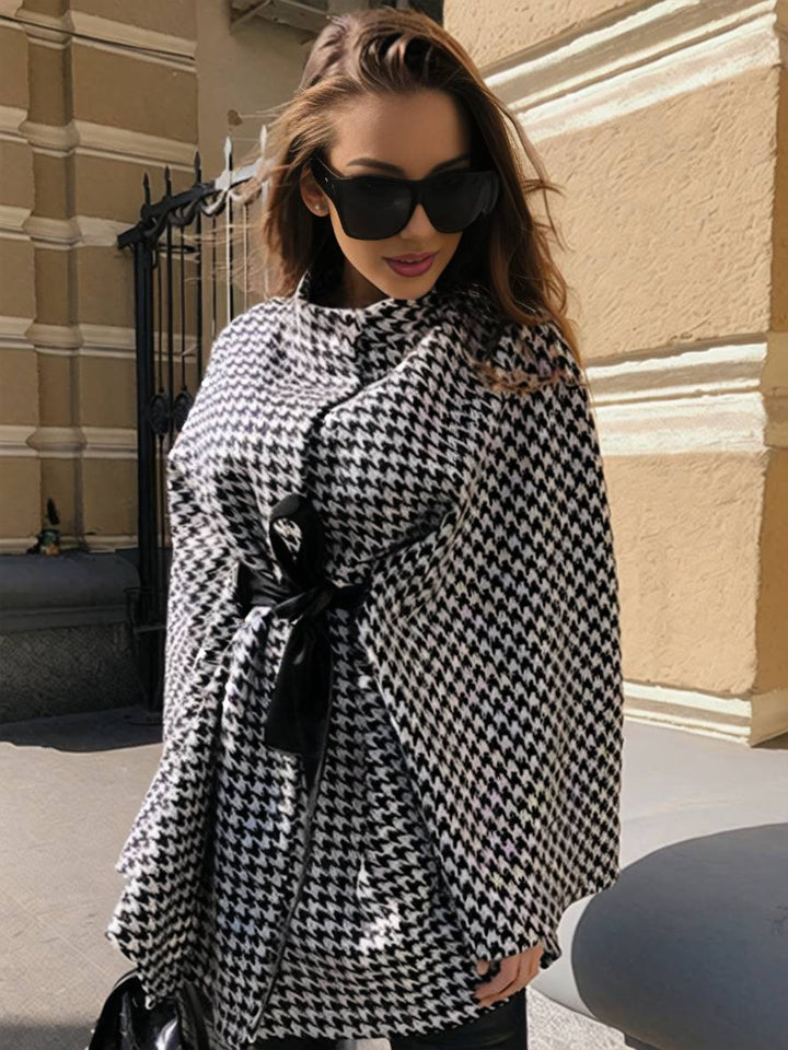 Levoire | Short Poncho Coat Women Houndstooth Pattern Belt Bat Sleeve Elegant Casual Loose Plus Size Jacket