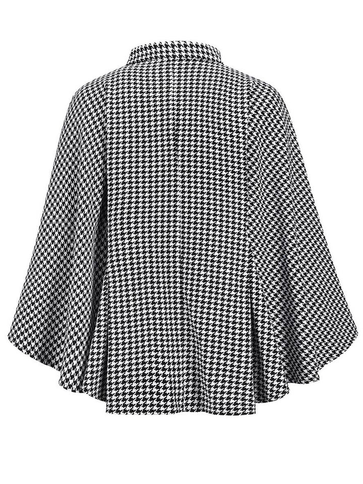 Levoire | Short Poncho Coat Women Houndstooth Pattern Belt Bat Sleeve Elegant Casual Loose Plus Size Jacket