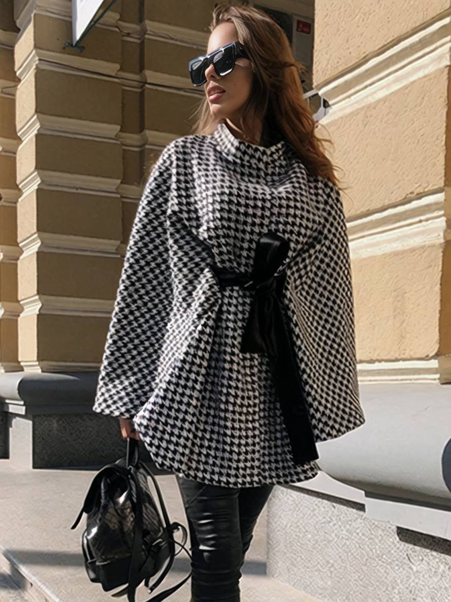 Levoire | Short Poncho Coat Women Houndstooth Pattern Belt Bat Sleeve Elegant Casual Loose Plus Size Jacket