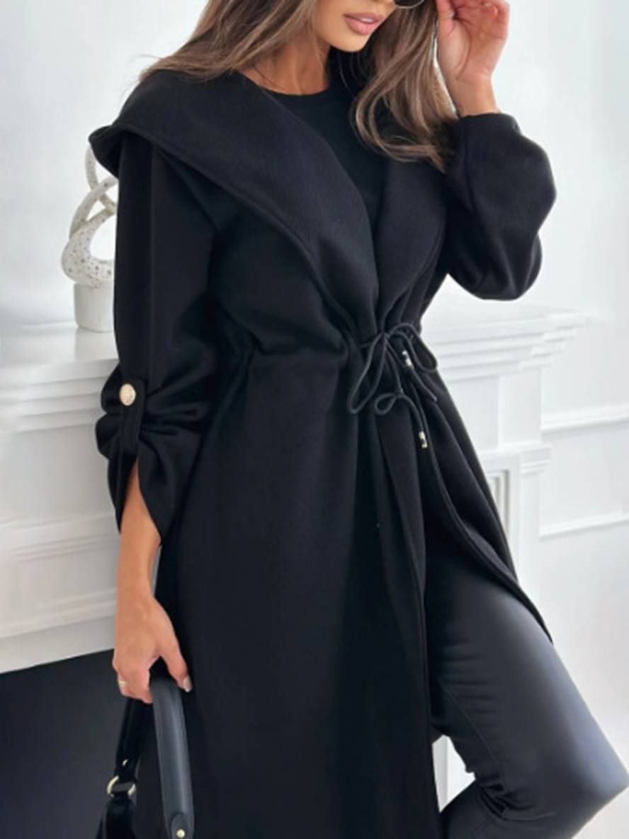 Levoire | Mi-Long Manteau Avec Capuche Boutons Manches Longues Femmes Décontracté Large Veste Décontractée Noir