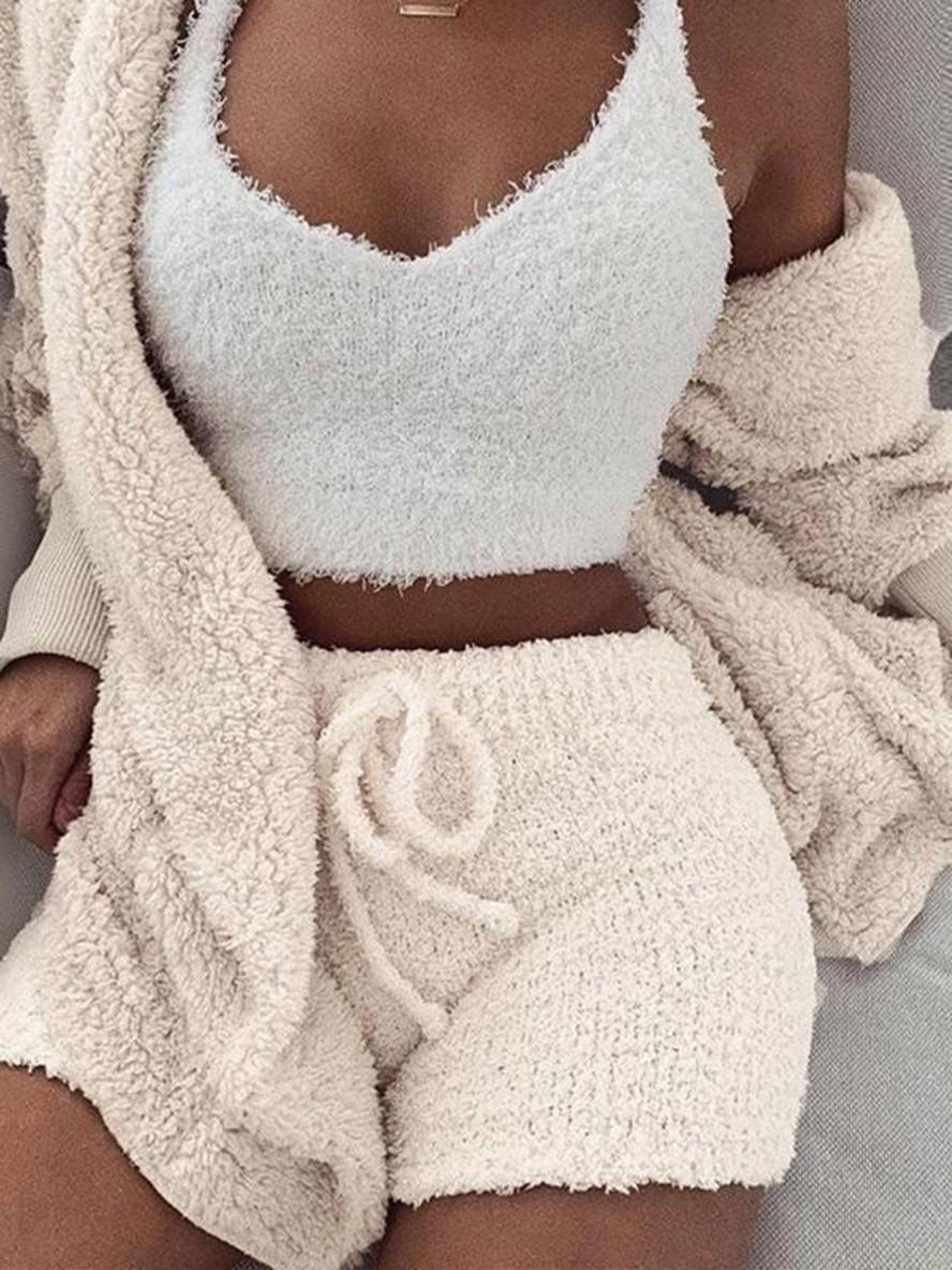 Levoire | Ensemble De Pyjama Court En Polaire À 3 Pièces Pour Dames Beige