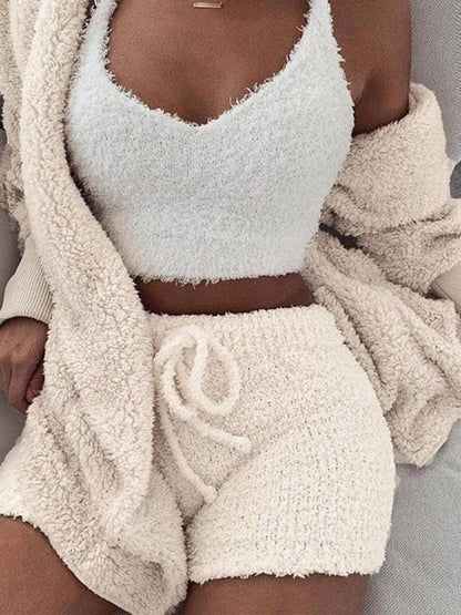 Levoire | Ensemble De Pyjama Court En Polaire À 3 Pièces Pour Dames Beige