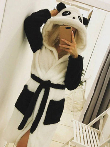 Levoire | Panda Animal Fleece Hooded Robe With Ears Belt Cute Women Winter Pajama Dress