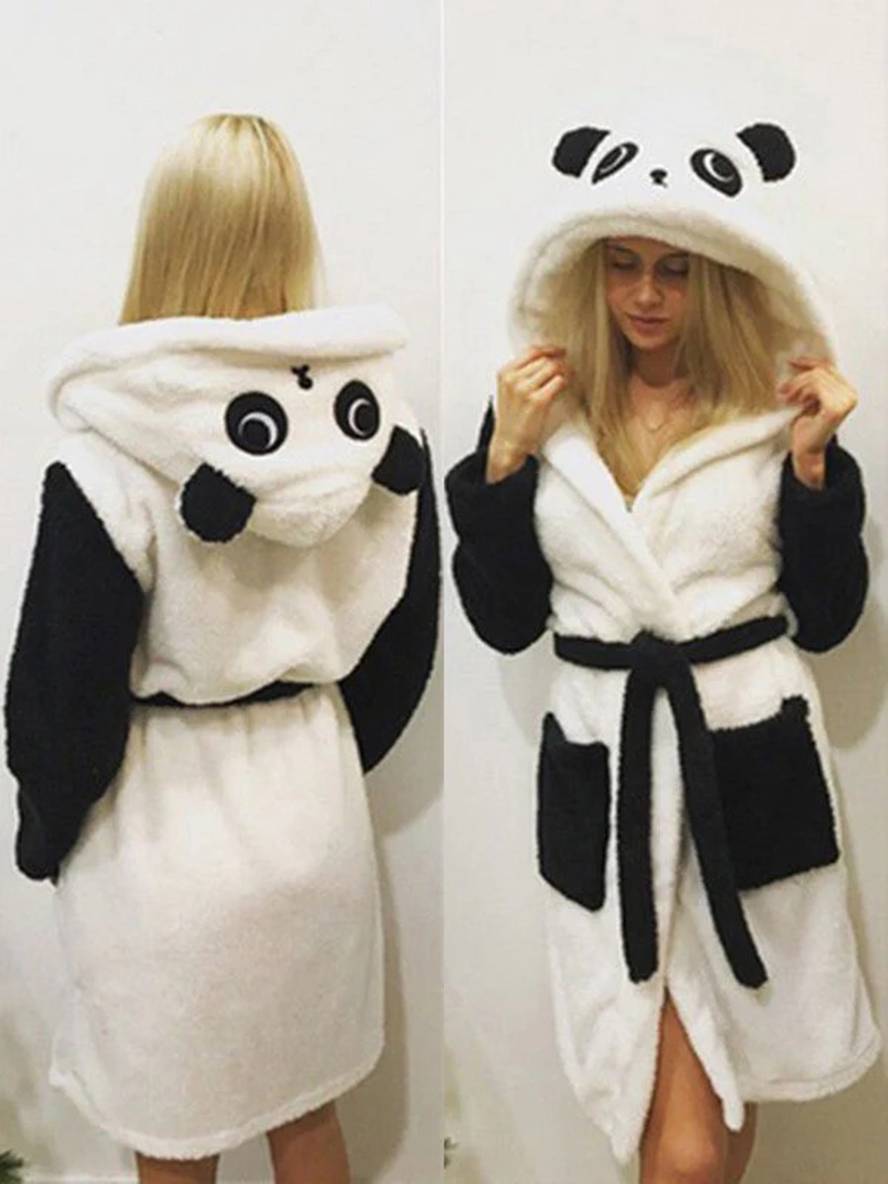 Levoire | Panda Animal Fleece Hooded Robe With Ears Belt Cute Women Winter Pajama Dress