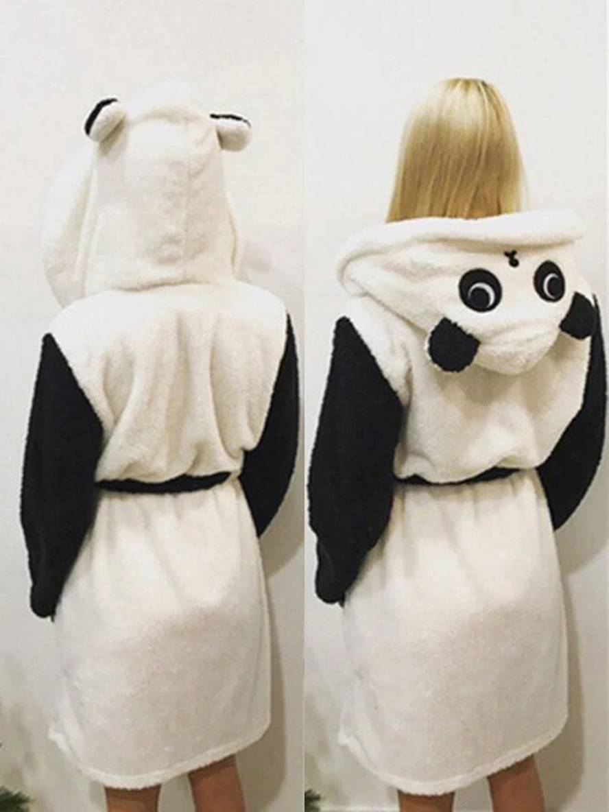 Levoire | Panda Animal Fleece Hooded Robe With Ears Belt Cute Women Winter Pajama Dress