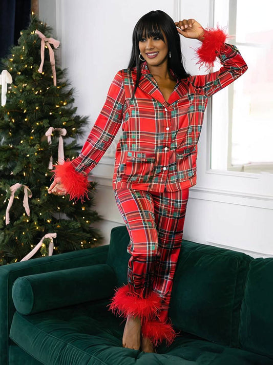 Levoire | Satin Pijamas De Père Noël À Carreaux Avec Poche En Plume À Manches Longues Pour Femmes Ensemble De Deux Pièces