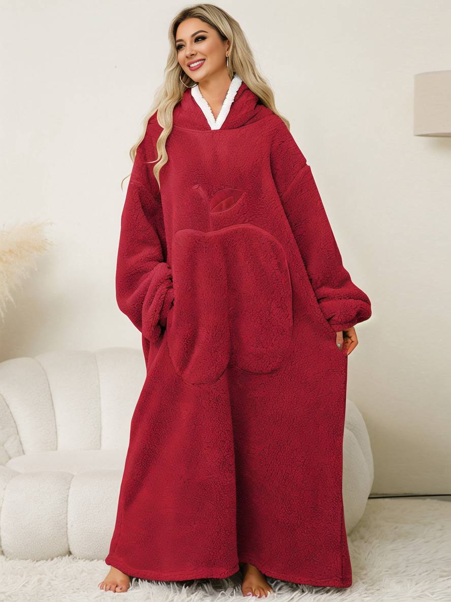 Levoire | Pyjama Surdimensionné Unicolore Flanelle Poches Avec Capuche Manches Longues Femme Décontracté Ample Hiver Robe Rot UNE TAILLE