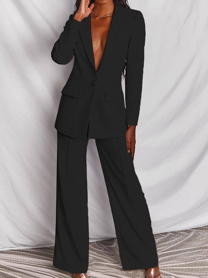 Levoire | Blazer Bureau Deux Pièces Boutons Poches Col Revers Manches Longues Veste Droite Pantalon Femme Élégant Costume Style Noir