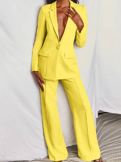Levoire | Blazer Bureau Deux Pièces Boutons Poches Col Revers Manches Longues Veste Droite Pantalon Femme Élégant Costume Style Jaune