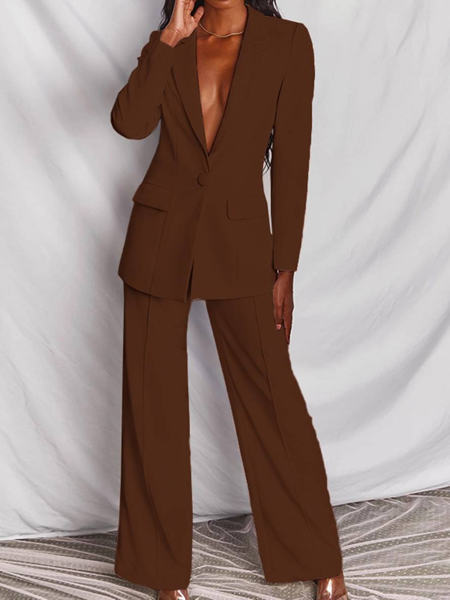 Levoire | Blazer Bureau Deux Pièces Boutons Poches Col Revers Manches Longues Veste Droite Pantalon Femme Élégant Costume Style Café