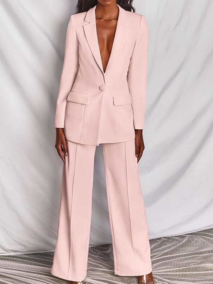 Levoire | Blazer Bureau Deux Pièces Boutons Poches Col Revers Manches Longues Veste Droite Pantalon Femme Élégant Costume Style Rosa