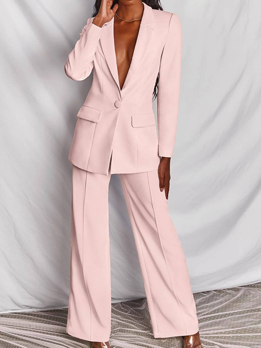 Levoire | Blazer Bureau Deux Pièces Boutons Poches Col Revers Manches Longues Veste Droite Pantalon Femme Élégant Costume Style