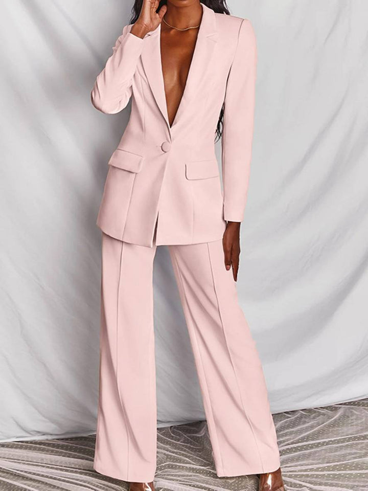 Levoire | Blazer Bureau Deux Pièces Boutons Poches Col Revers Manches Longues Veste Droite Pantalon Femme Élégant Costume Style